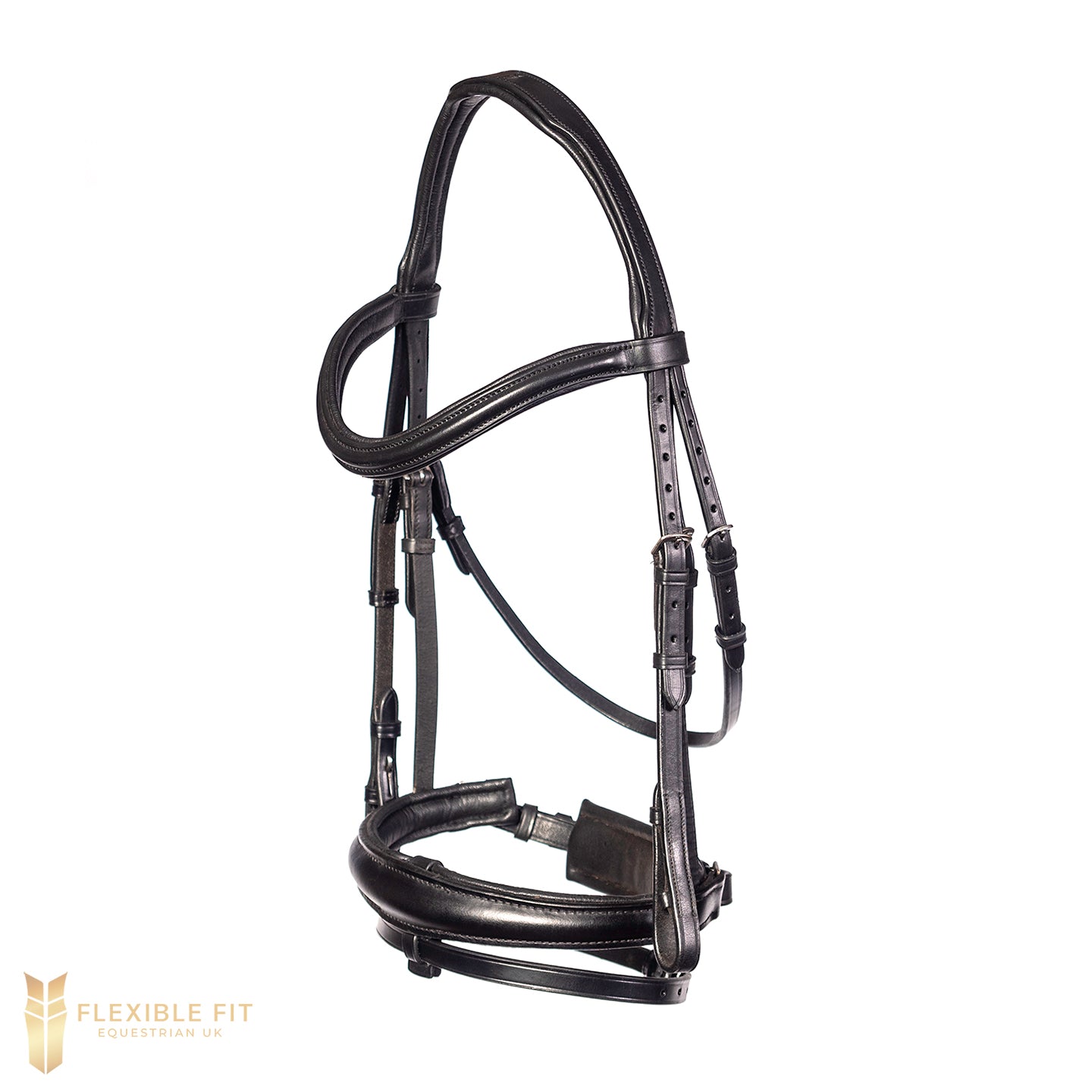 Black snaffle bridle with anatomical crank noseband and raised wave browband