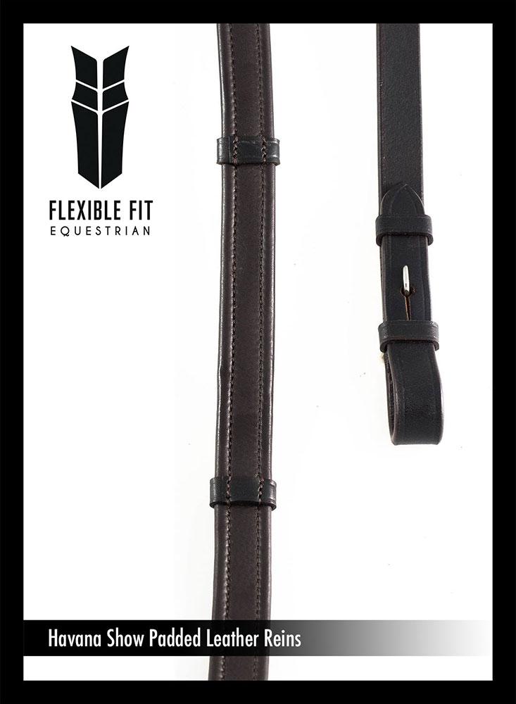 SHOW PADDED LEATHER WITH CONTINENTAL STOPPERS HAVANA REINS - Flexible Fit Equestrian LLC