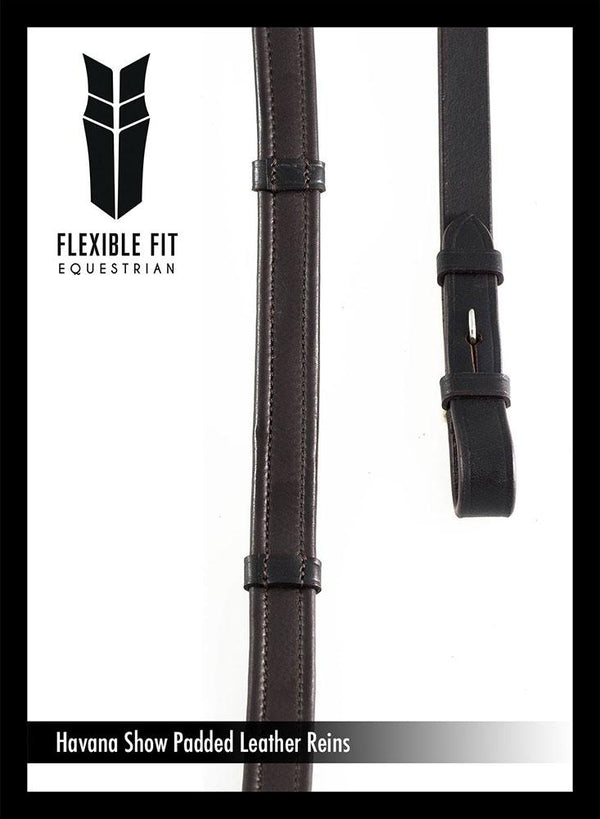 SHOW PADDED LEATHER WITH CONTINENTAL STOPPERS HAVANA REINS - Flexible Fit Equestrian LLC