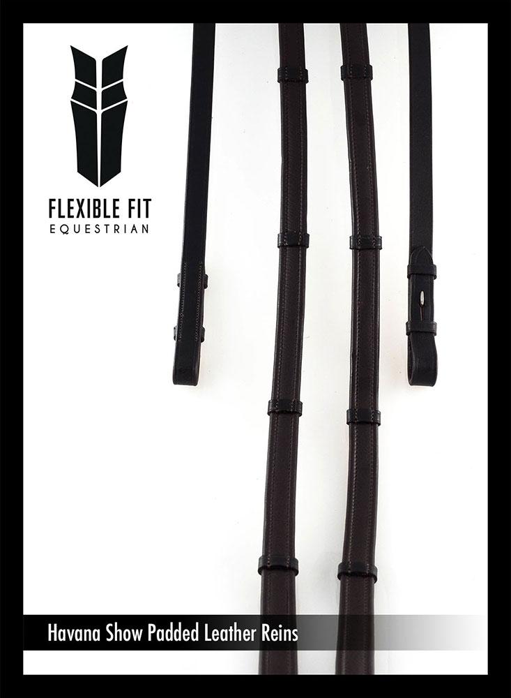 SHOW PADDED LEATHER WITH CONTINENTAL STOPPERS HAVANA REINS - Flexible Fit Equestrian LLC