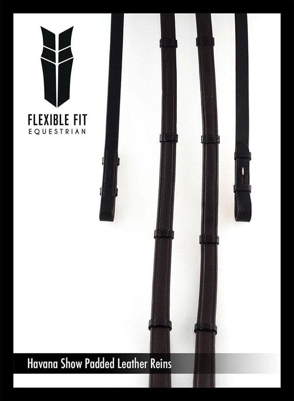SHOW PADDED LEATHER WITH CONTINENTAL STOPPERS HAVANA REINS - Flexible Fit Equestrian LLC
