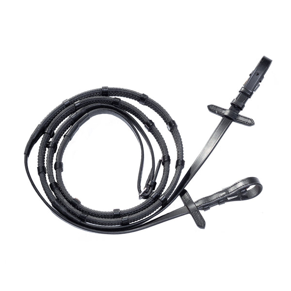Rubber Grip Black Reins with Close-Contact Stoppers – Durable Non-Slip English Leather