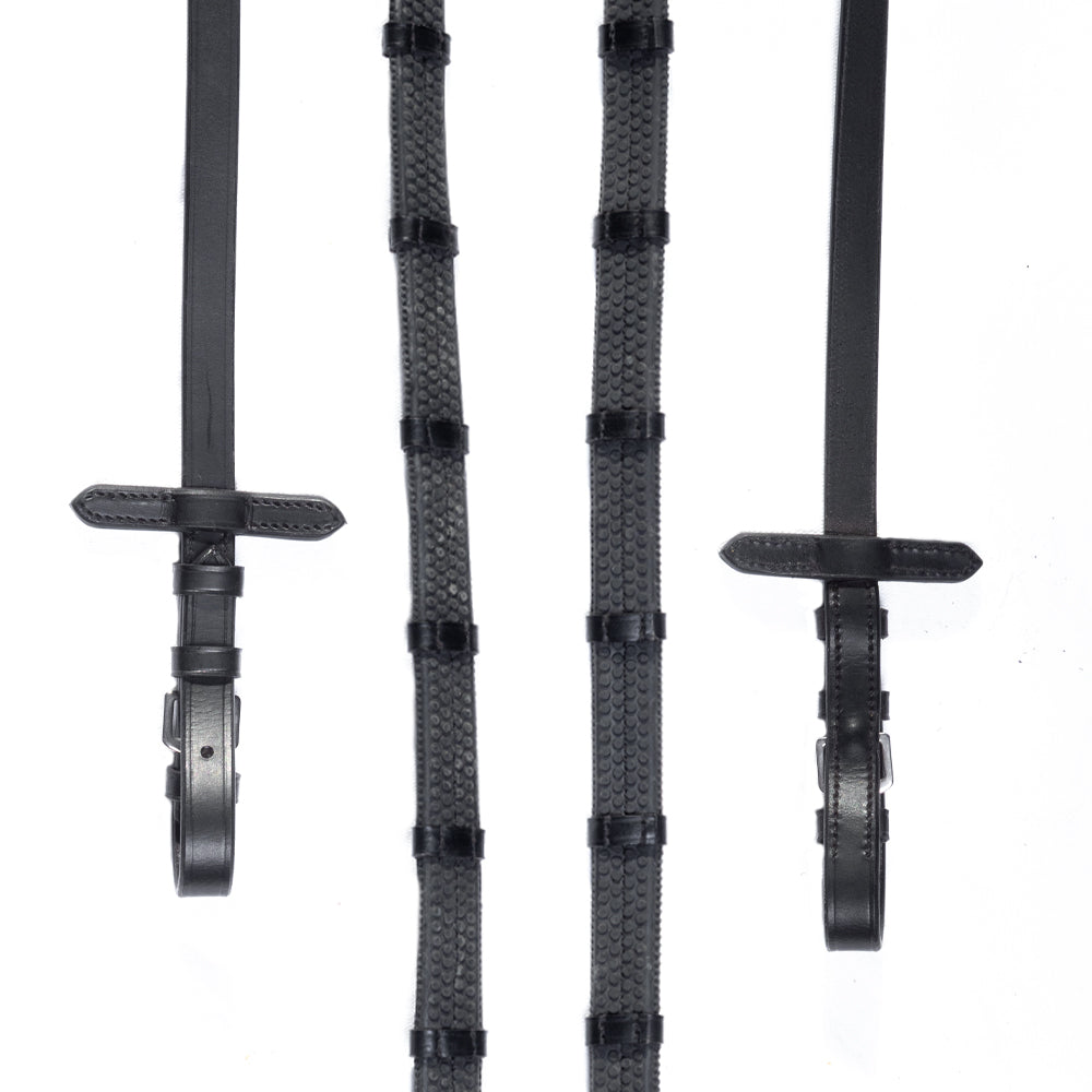 Rubber Grip Black Reins with Close-Contact Stoppers – Durable Non-Slip English Leather