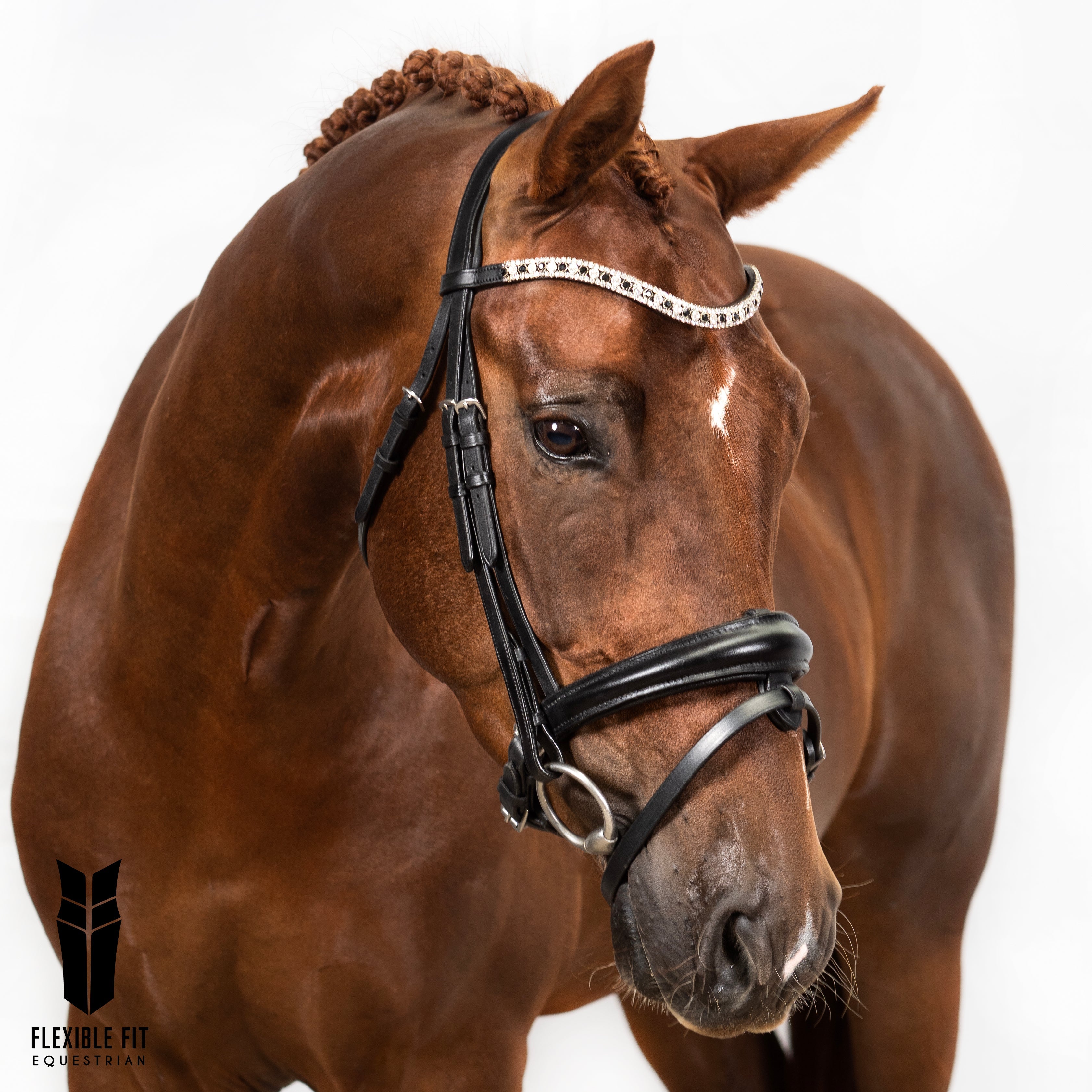 Black snaffle bridle with clear crystal thin wave browband and converter crank noseband