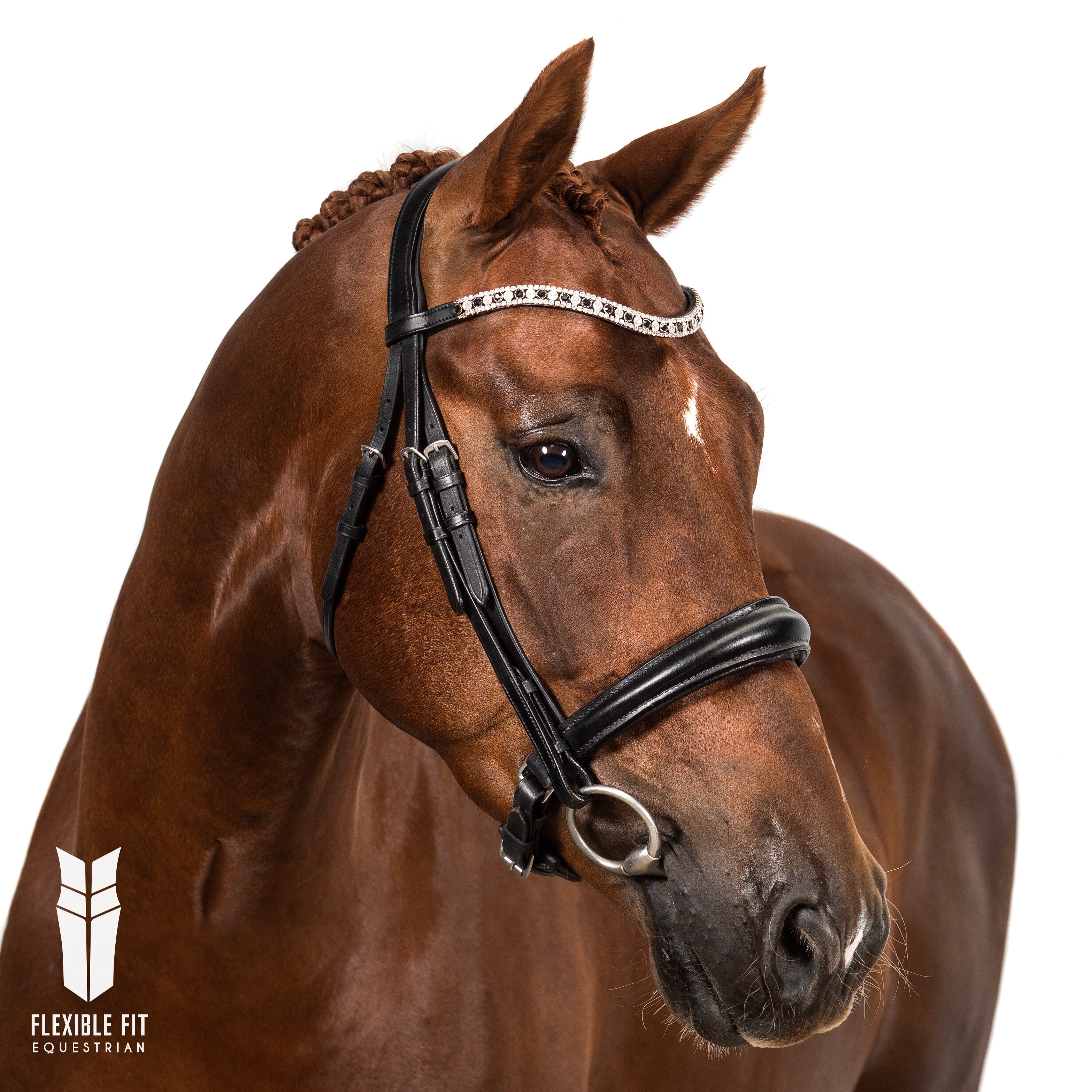 Gel padded black bridle with Austrian crystal wave browband and anatomical noseband