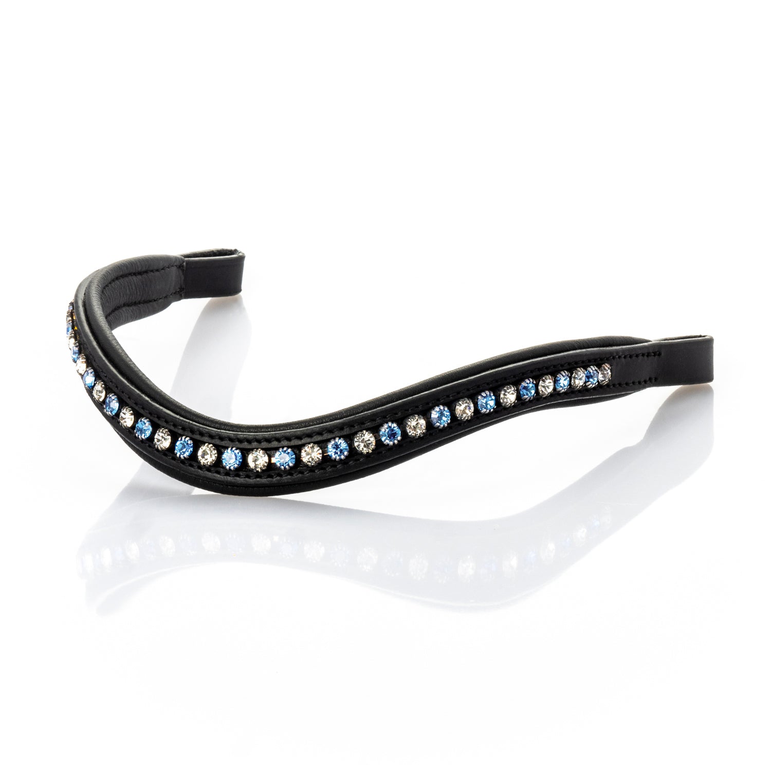 Black English leather browband with sky and clear Austrian crystals
