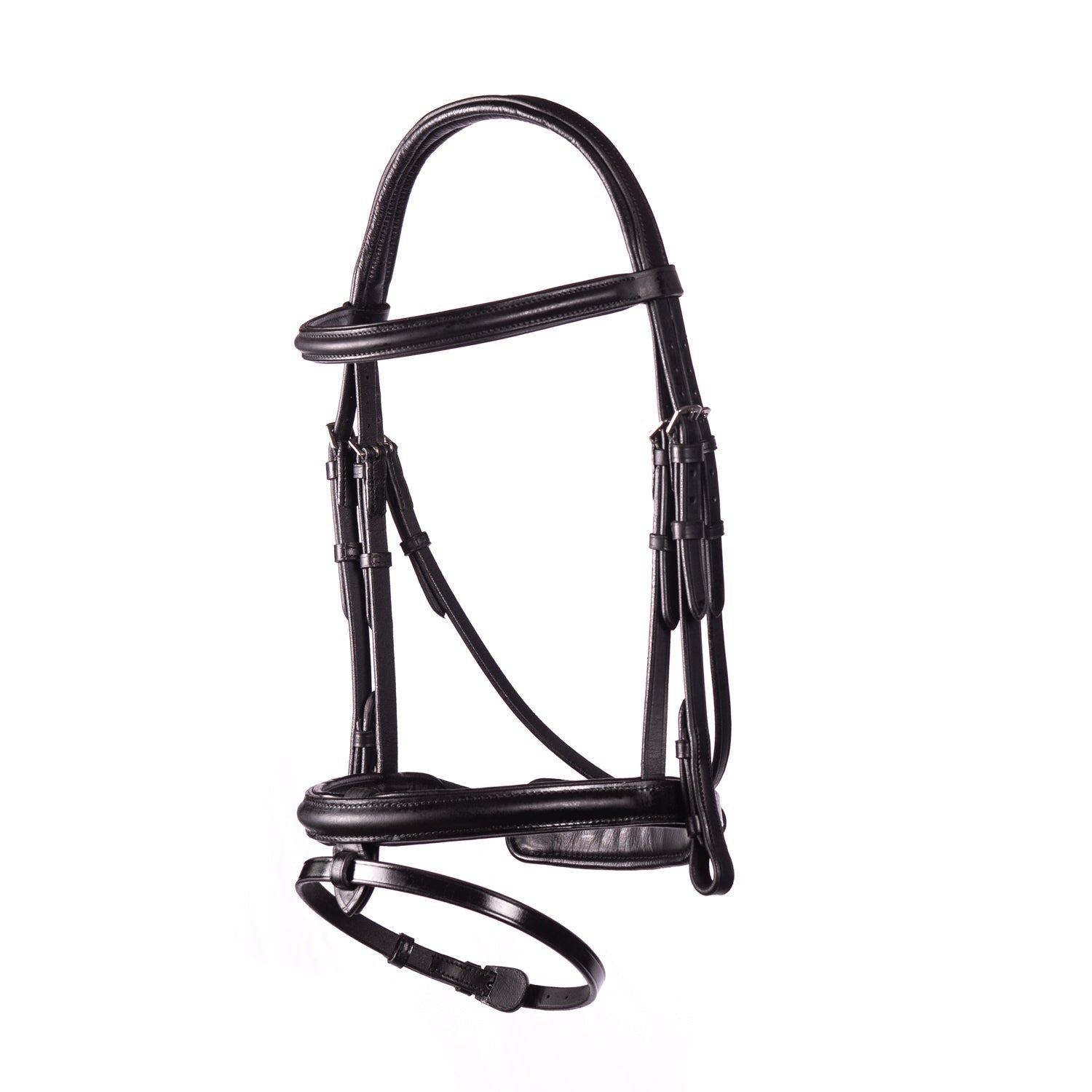 Gel padded black bridle with cavesson noseband and removable flash