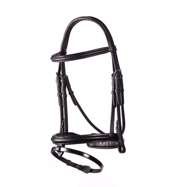 Gel padded black bridle with cavesson noseband and removable flash