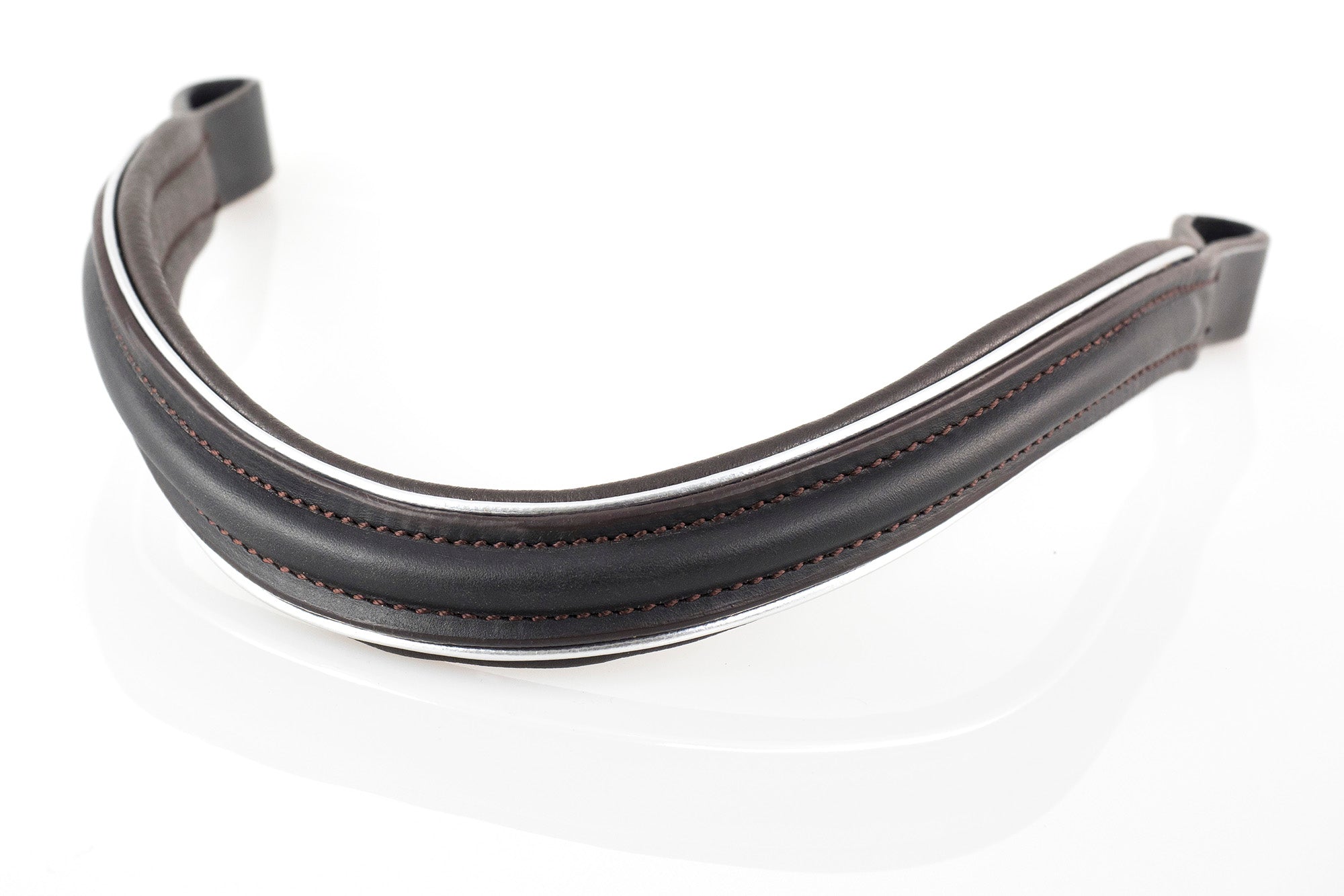 lain raised browband with silver piping on havana English bridle