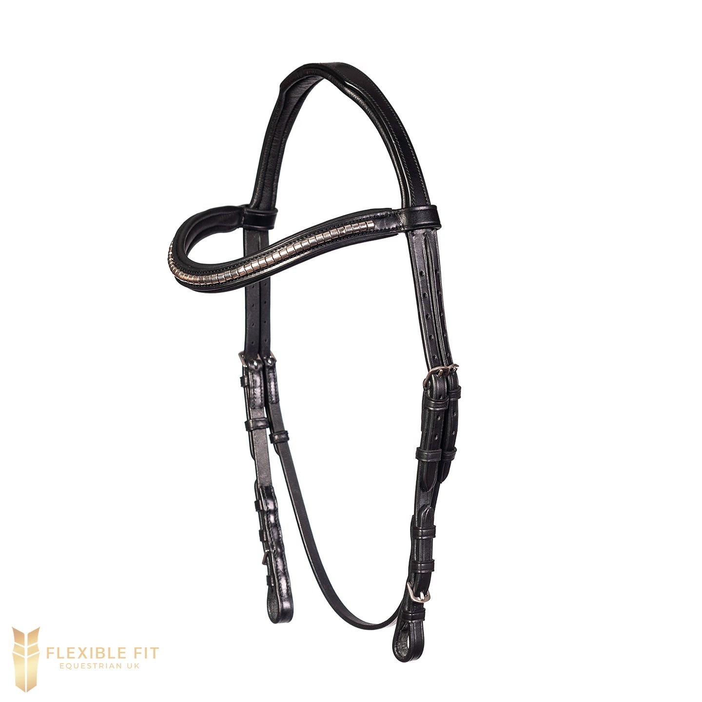 Black English leather nosebandless bridle with clincher browband