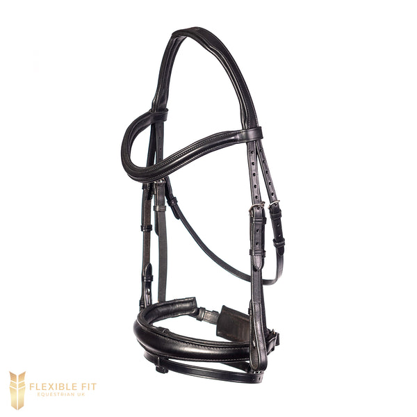 Black snaffle bridle with anatomical crank noseband and raised wave browband
