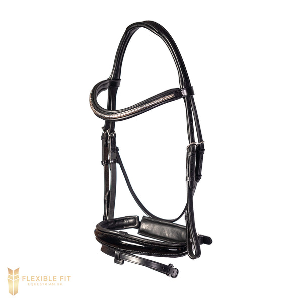 Black English leather snaffle bridle with patent anatomical crank noseband