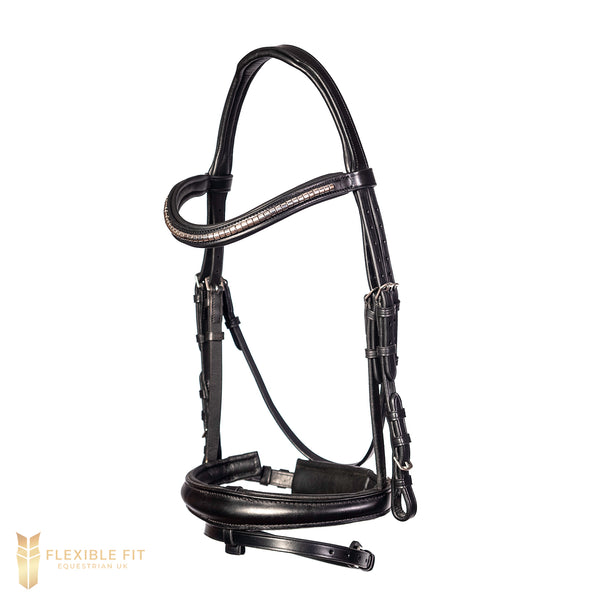 Black snaffle bridle with anatomical crank noseband and clincher browband