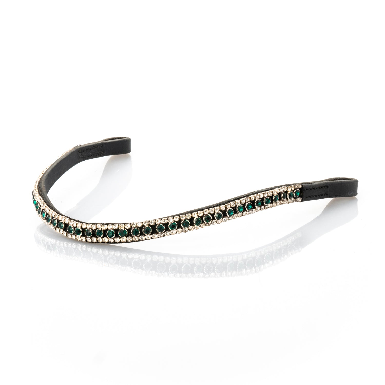 Black English leather browband with emerald and clear crystals