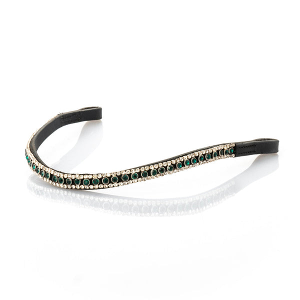 Black English leather browband with emerald and clear crystals