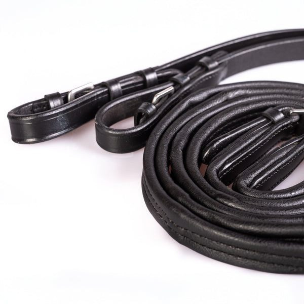 Black padded leather 5/8" buckle reins with inbuilt stoppers and stainless steel fittings.