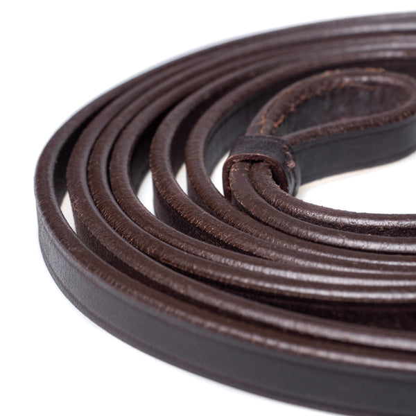 Plain Leather Havana Curb Reins – slim 4/8" width with keeper, made from premium English leather