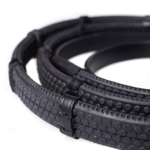 Black rubber grip reins with close-contact stoppers and stainless steel buckles