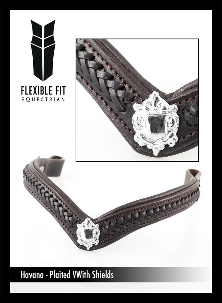PLAITED WITH SHIELDS V SHAPE - HAVANA BROWBAND - Flexible Fit Equestrian LLC