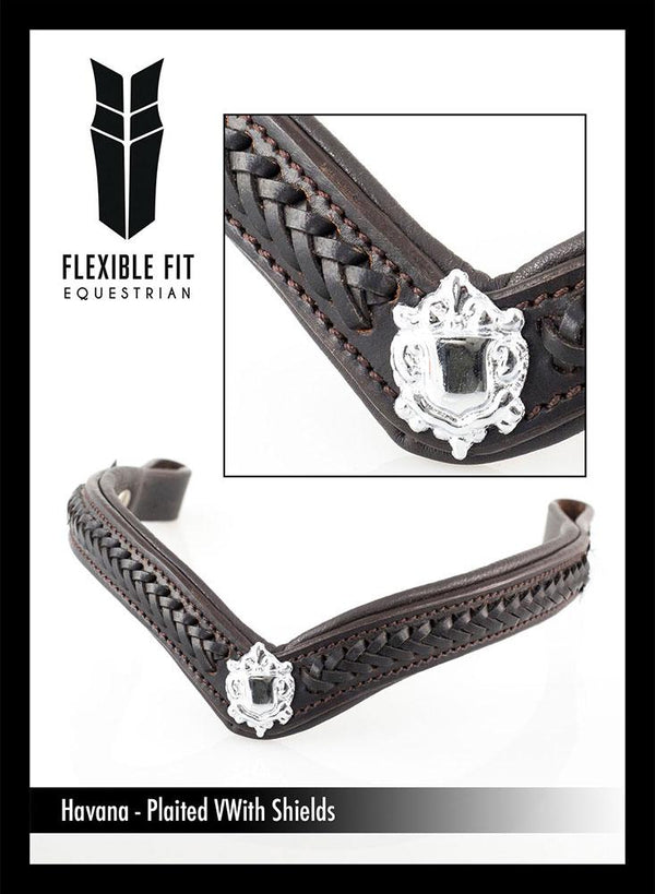 PLAITED WITH SHIELDS V SHAPE - HAVANA BROWBAND - Flexible Fit Equestrian LLC
