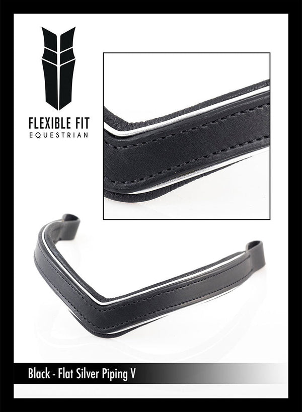 Flat Plain with Silver Piping V Gel Browband - Black