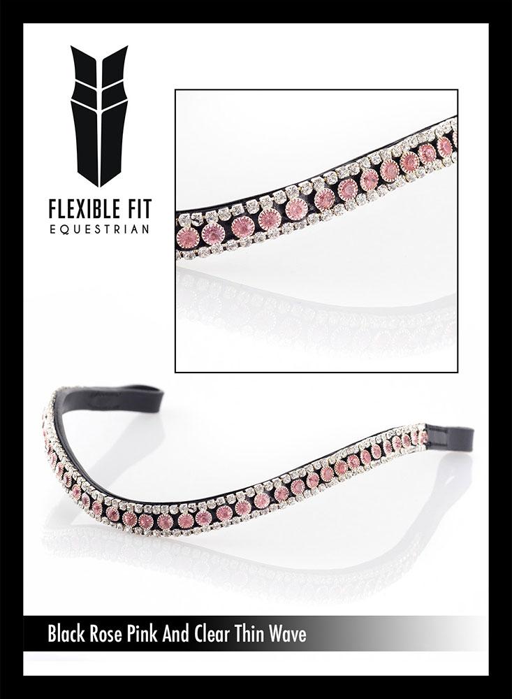 ROSE PINK AND CLEAR THIN WAVE - BLACK BROWBAND - Flexible Fit Equestrian LLC