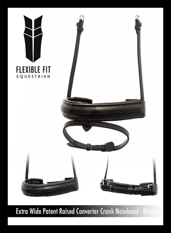 EXTRA WIDE STRAIGHT RAISED PATENT CONVERTER CRANK - BLACK NOSEBAND - Flexible Fit Equestrian LLC