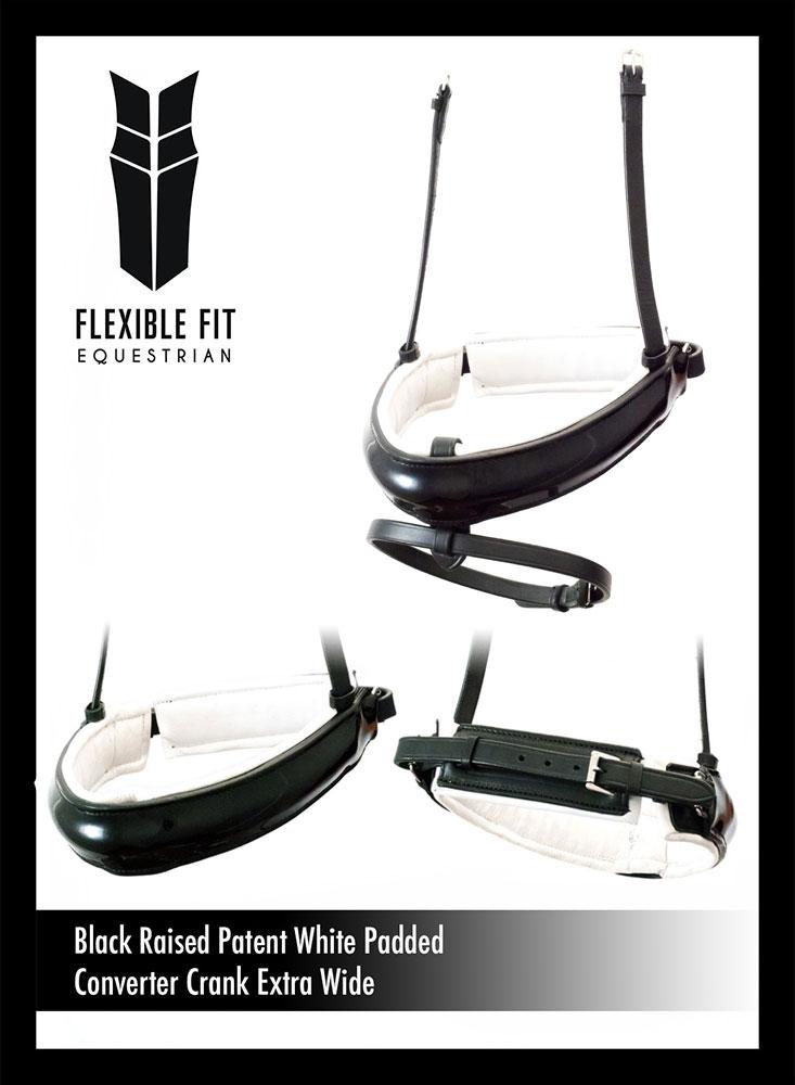 EXTRA WIDE STRAIGHT RAISED PATENT WHITE PADDED CONVERTER CRANK - BLACK NOSEBAND - Flexible Fit Equestrian LLC