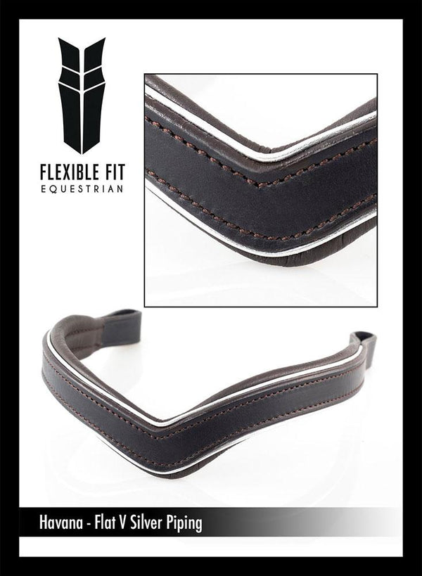 PLAIN V SILVER PIPE FLAT - HAVANA BROWBAND - Flexible Fit Equestrian LLC