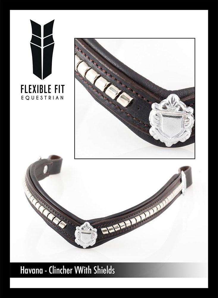 S/S CLINCHER V WITH SHIELDS - HAVANA BROWBAND - Flexible Fit Equestrian LLC