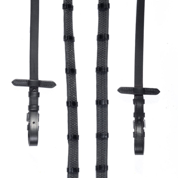 Rubber Grip Black Reins with Close-Contact Stoppers – Durable Non-Slip English Leather